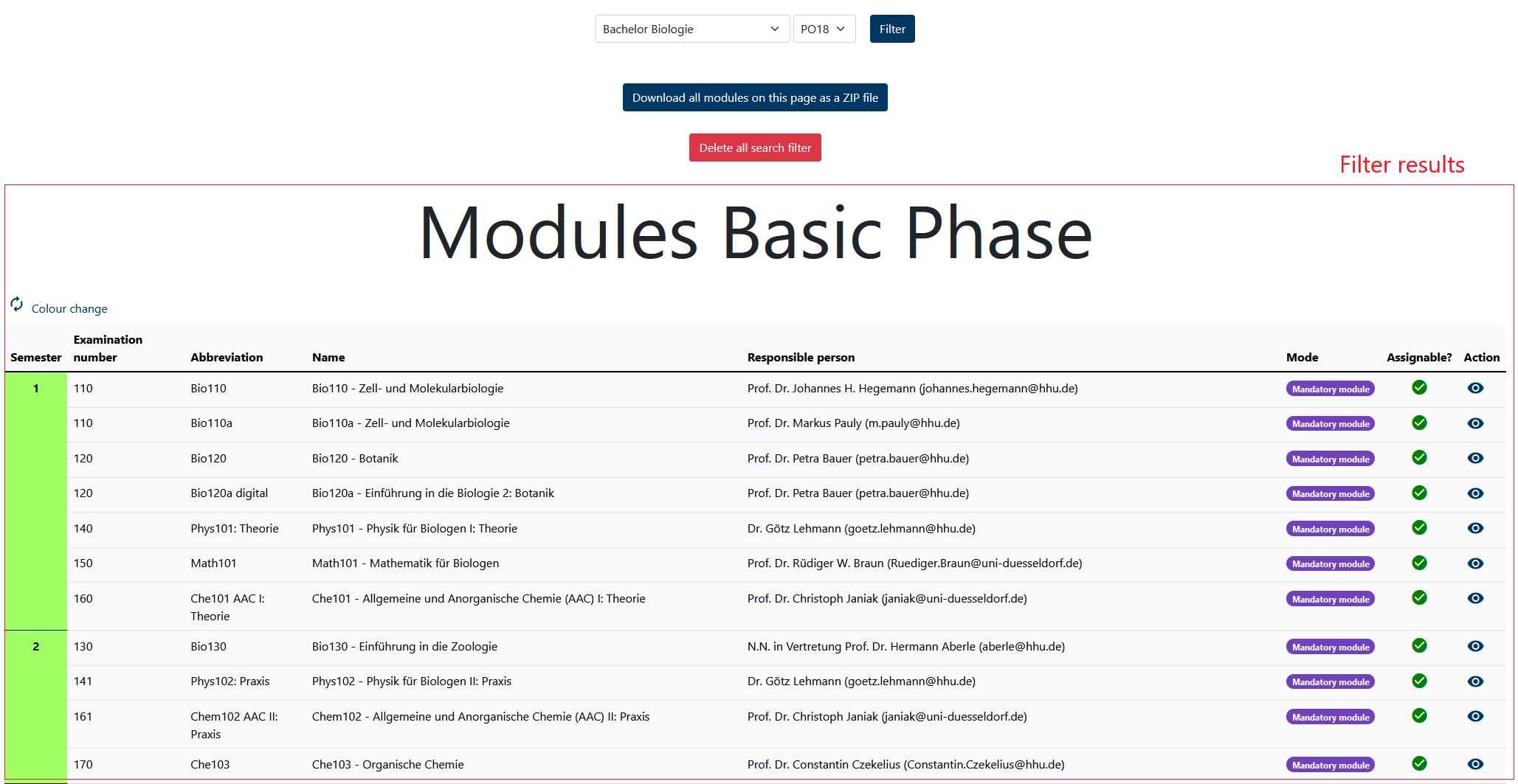 How do I filter modules through the given choices?