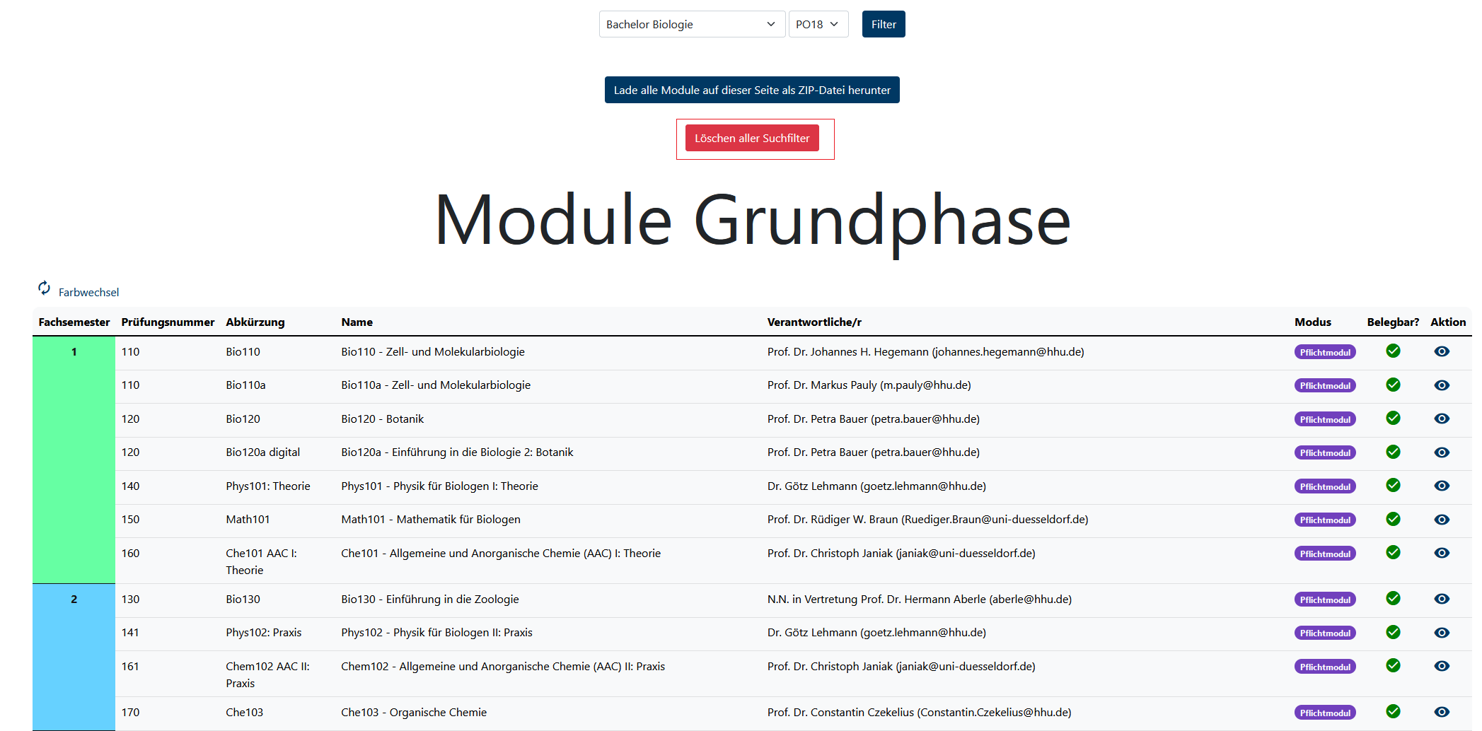Wie filtere ich Module durch die vorgegebenen Auswahlmöglichkeiten?