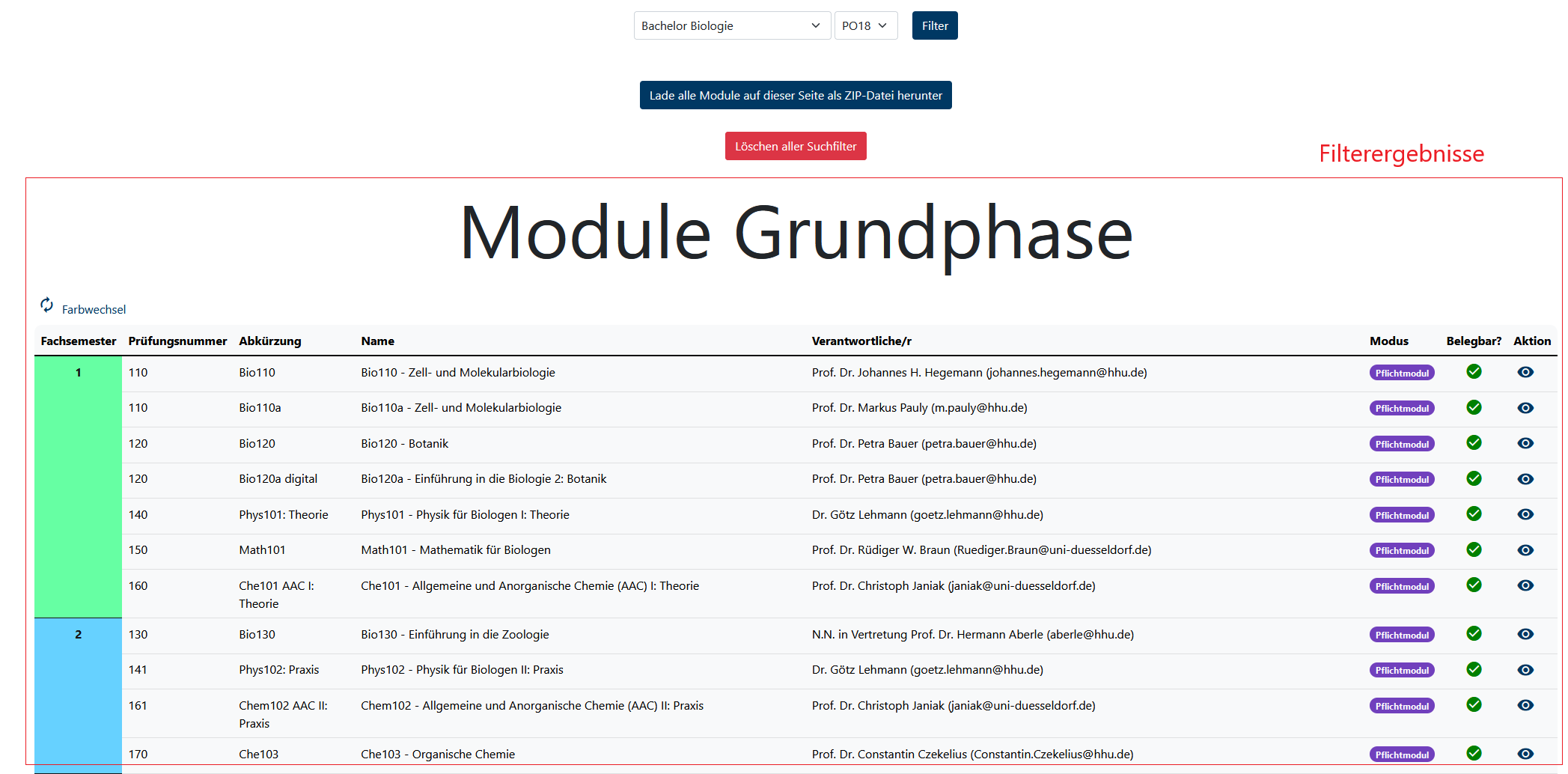 Wie filtere ich Module durch die vorgegebenen Auswahlmöglichkeiten?