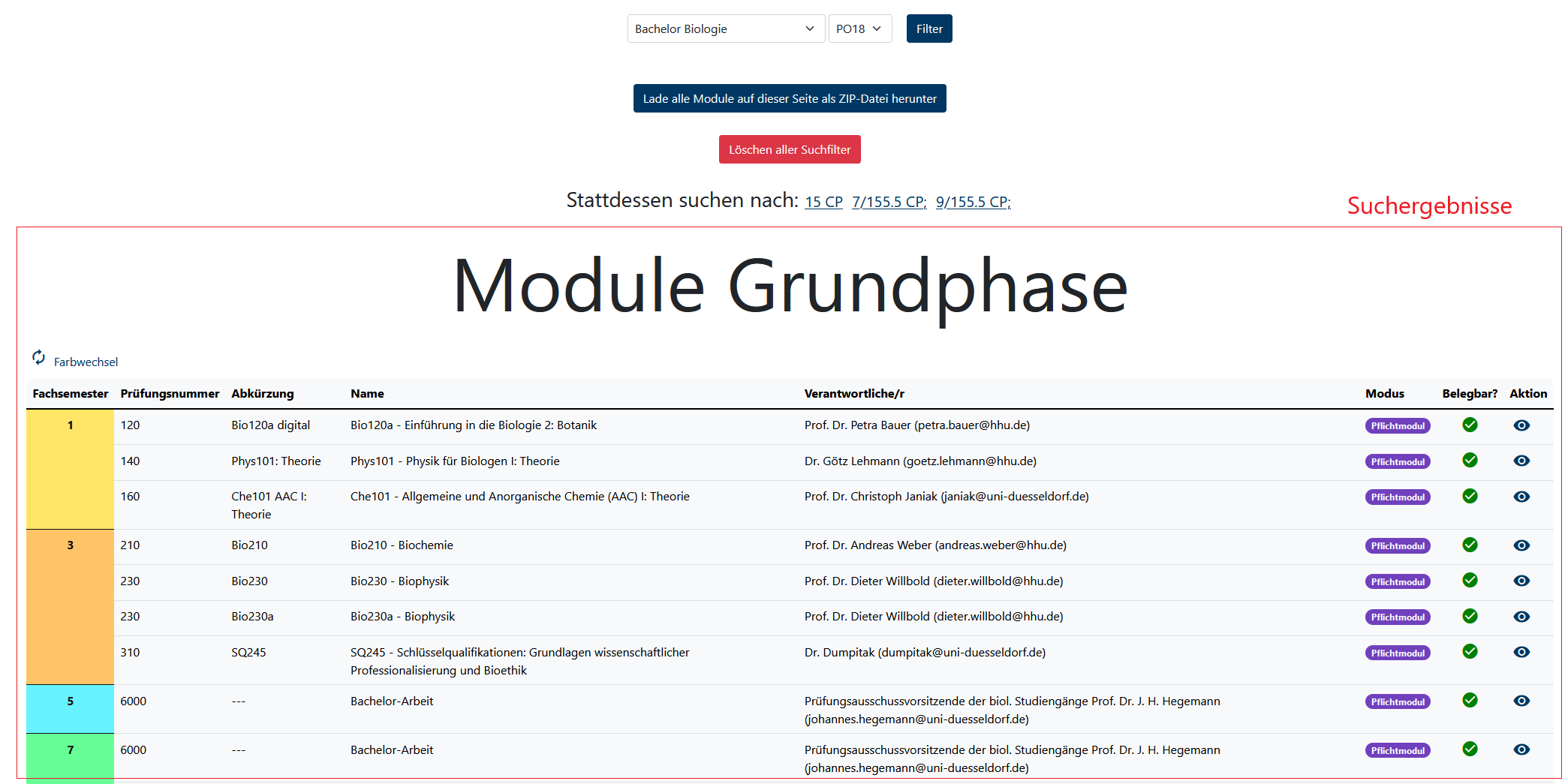 Wie kann ich in der Anwendung nach Dingen oder meinem Prüfungsdatum suchen?
