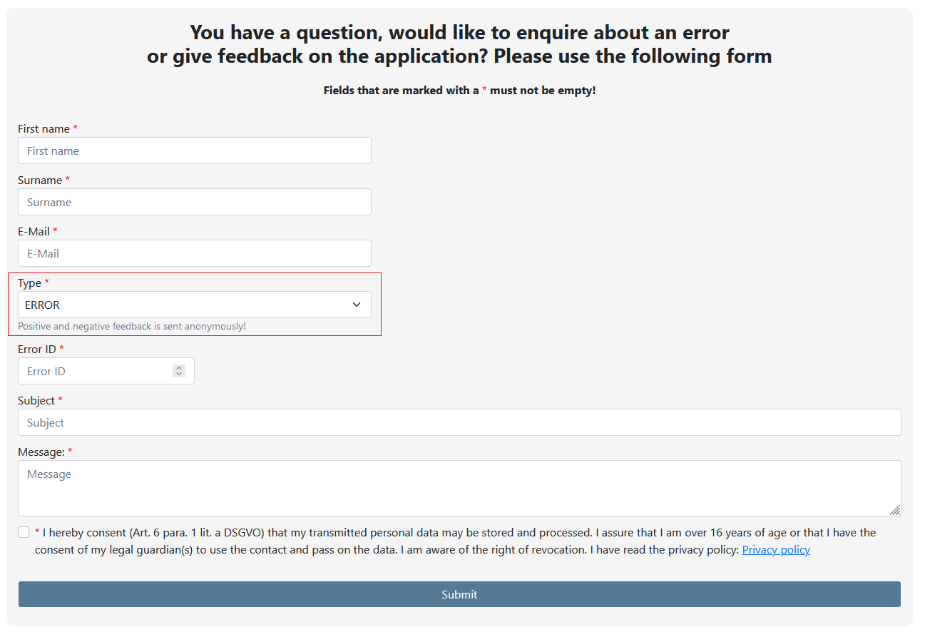 How do I ask a question, enquire about a specific error or give feedback on the application?