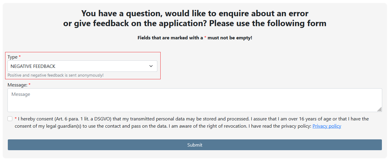 How do I ask a question, enquire about a specific error or give feedback on the application?