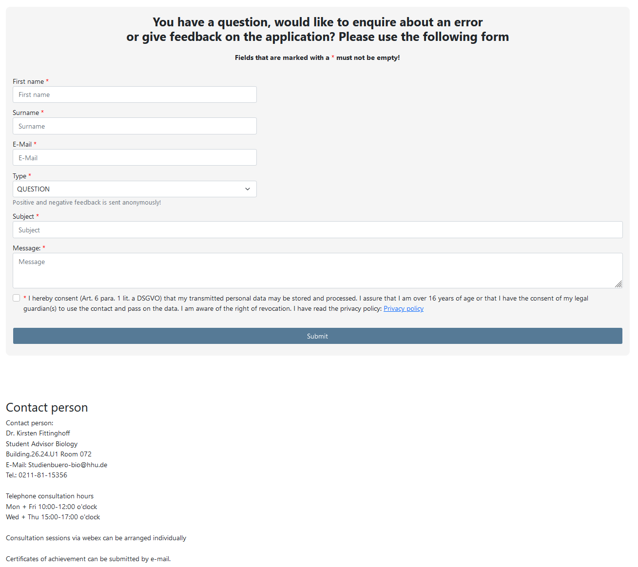 How do I ask a question, enquire about a specific error or give feedback on the application?