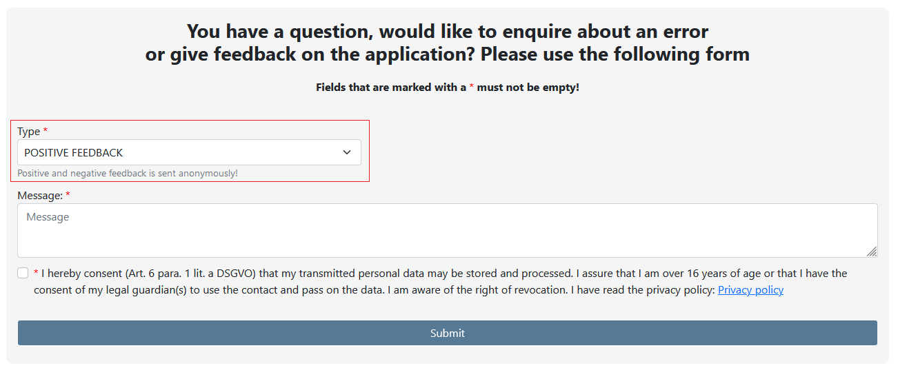 How do I ask a question, enquire about a specific error or give feedback on the application?