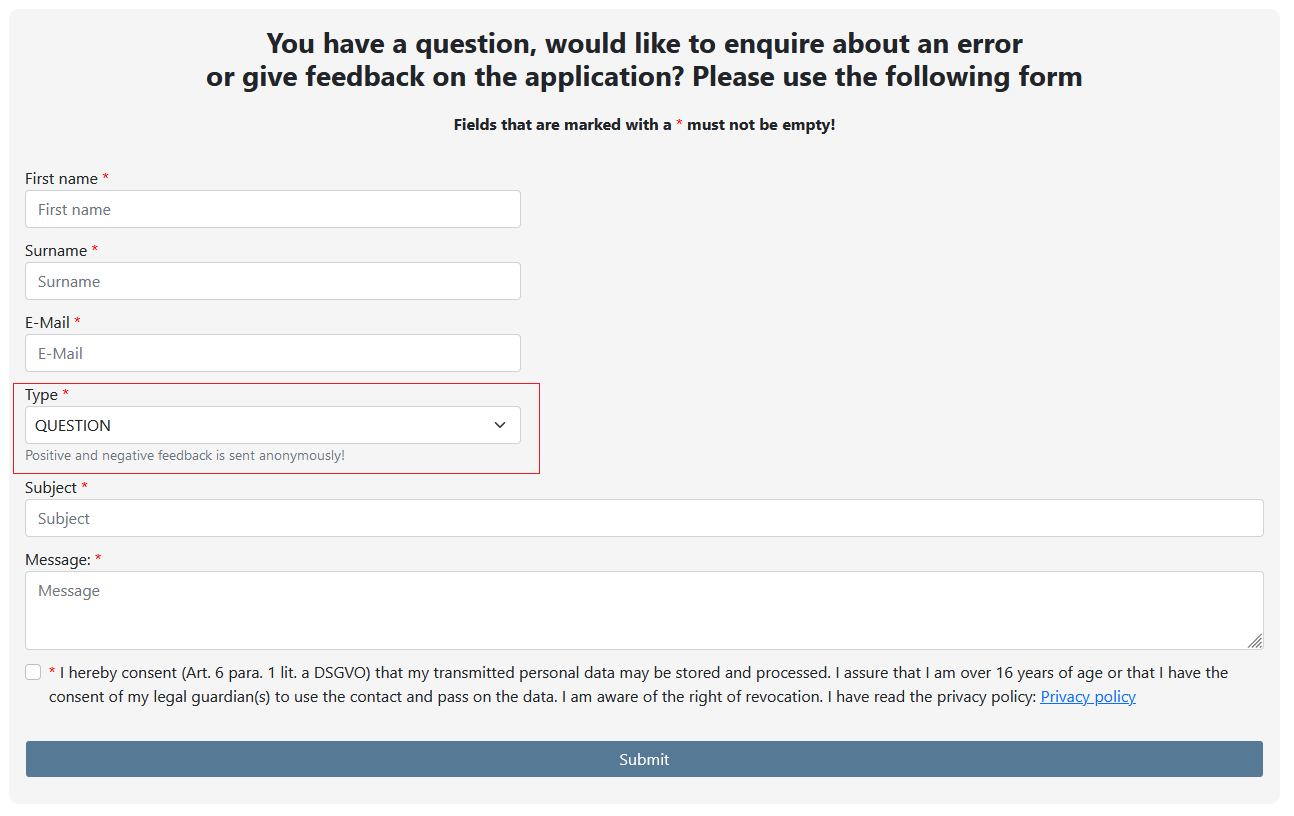 How do I ask a question, enquire about a specific error or give feedback on the application?