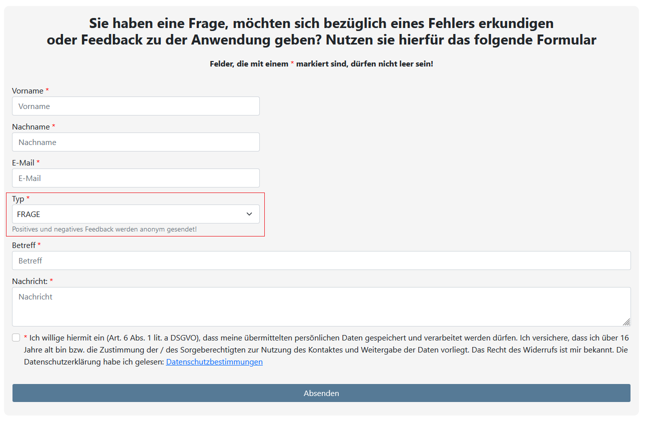 Wie stelle ich eine Frage, erkundige mich nach einem speziellen Fehler oder äußere Feedback zu der Anwendung?